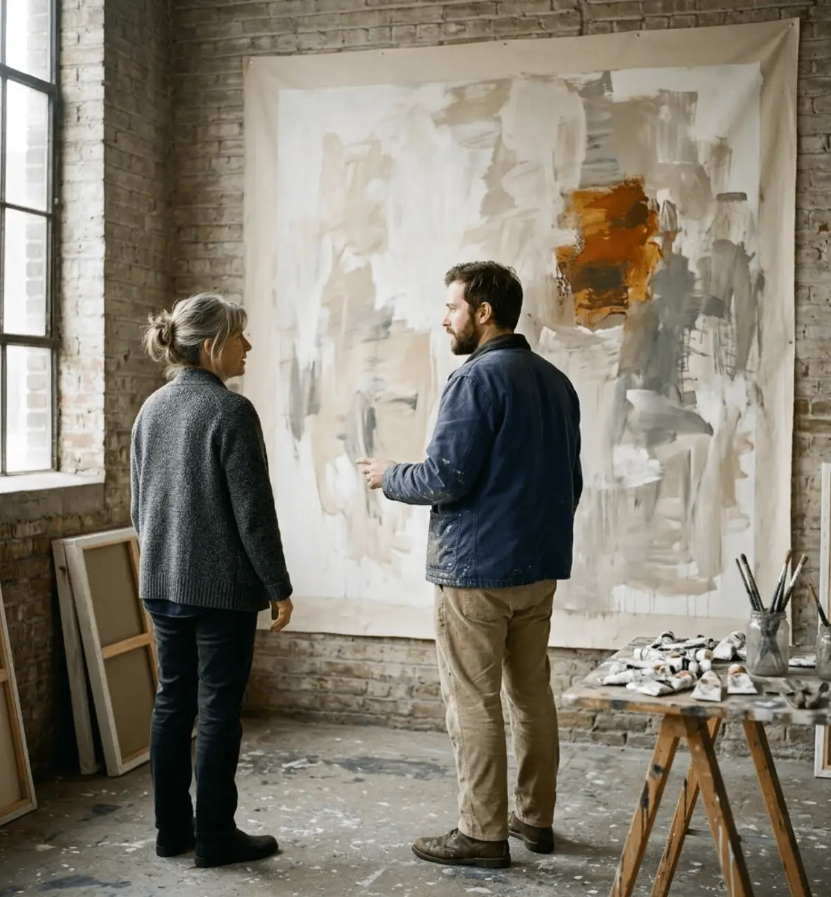 A collector in her fifties and a painter in his thirties standing together in front of a large abstract canvas in a working artist studio in Brooklyn