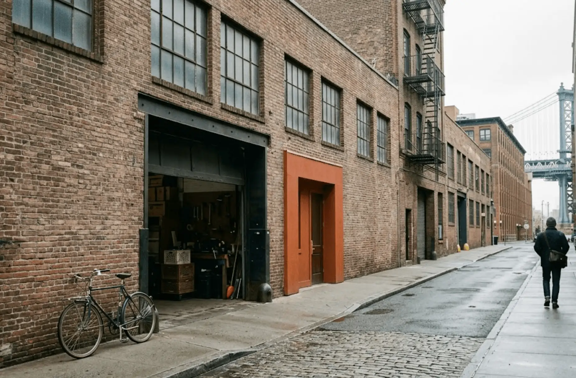 Quiet Brooklyn side street on a weekday morning, low brick warehouse buildings with tall metal windows, a loading door standing half open, a bicycle leaning against a wall.
