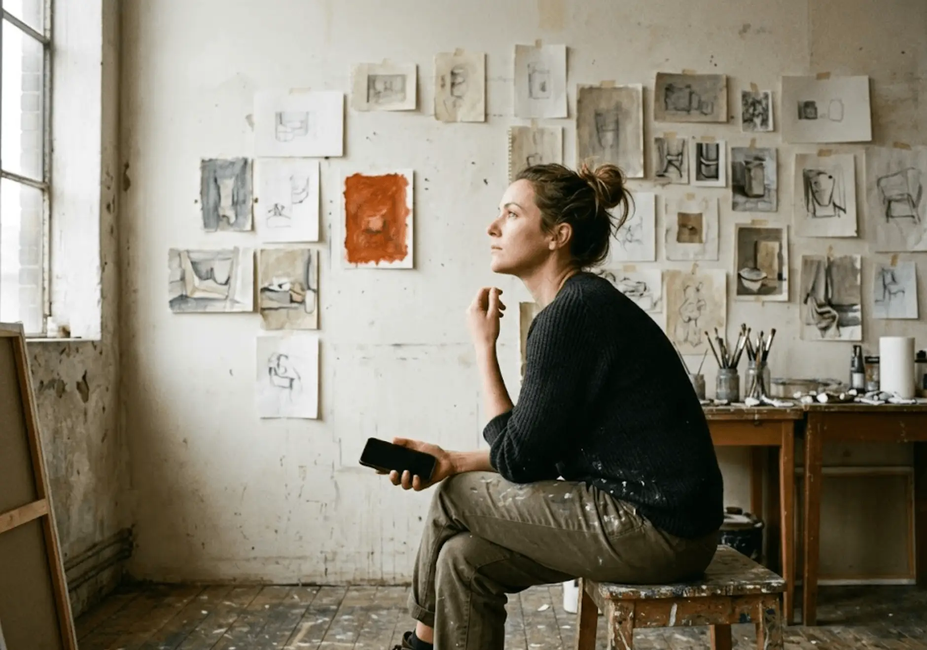 A painter sitting on a paint-marked wooden stool in her studio, holding a phone loosely in one hand and looking up and away from it, thinking. The phone is seen from behind, screen not visible.