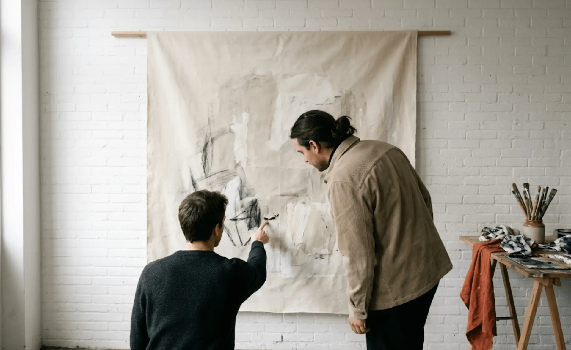 Two people standing close to a large unstretched canvas hanging on a studio wall, one pointing at a detail, both seen from behind and in profile. A trestle table with brushes and rags at the edge of the frame.