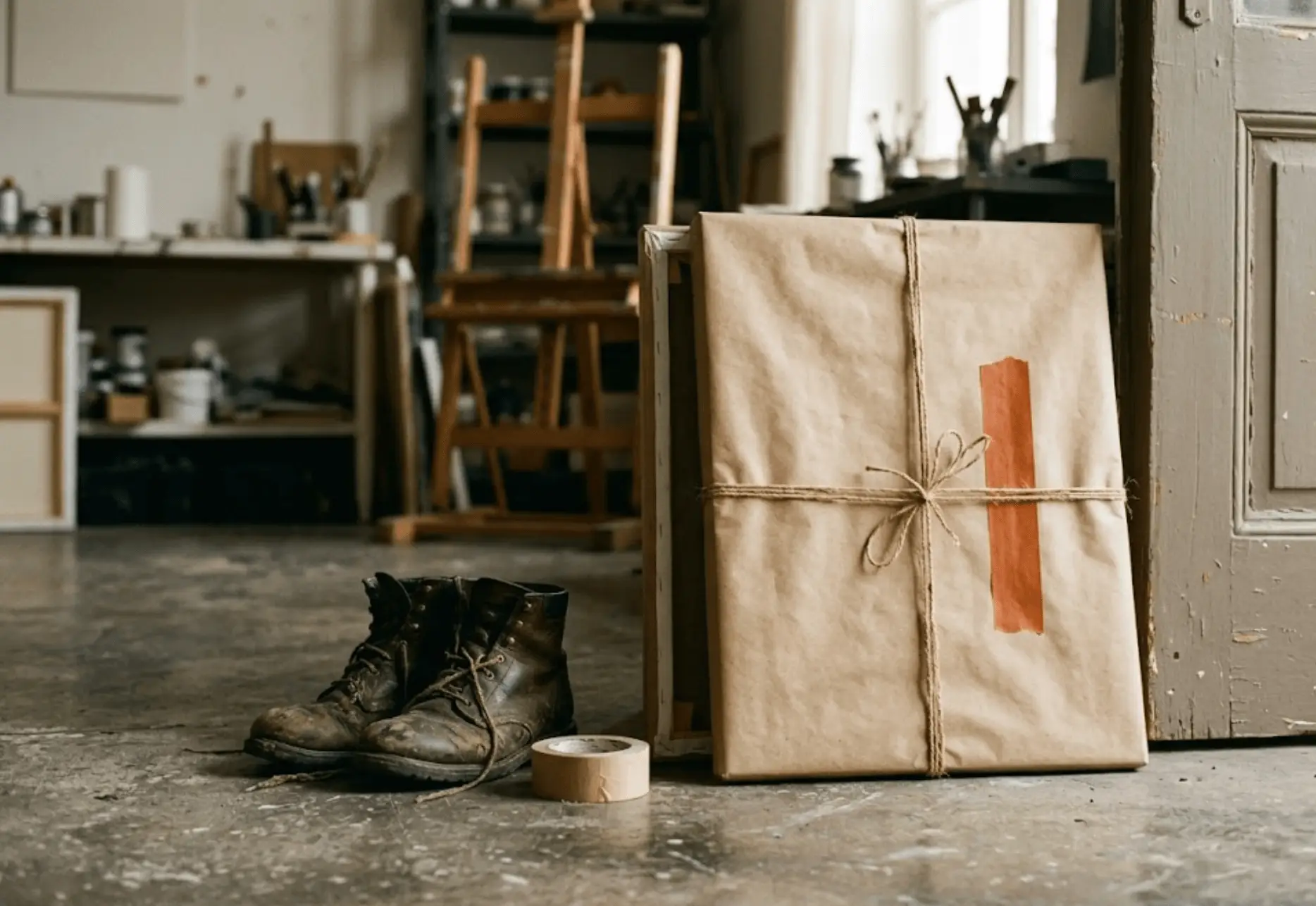 A medium sized canvas wrapped in brown kraft paper and string, leaning upright against the door frame of an artist studio, ready to leave. Beside it a pair of worn work boots and a roll of tape on the concrete floor.