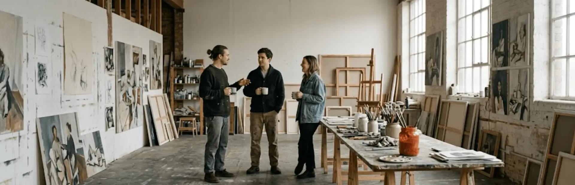 Wide cinematic view of three people talking in the middle of a working artist studio, standing loosely apart, holding mugs, relaxed, none of them facing the camera.