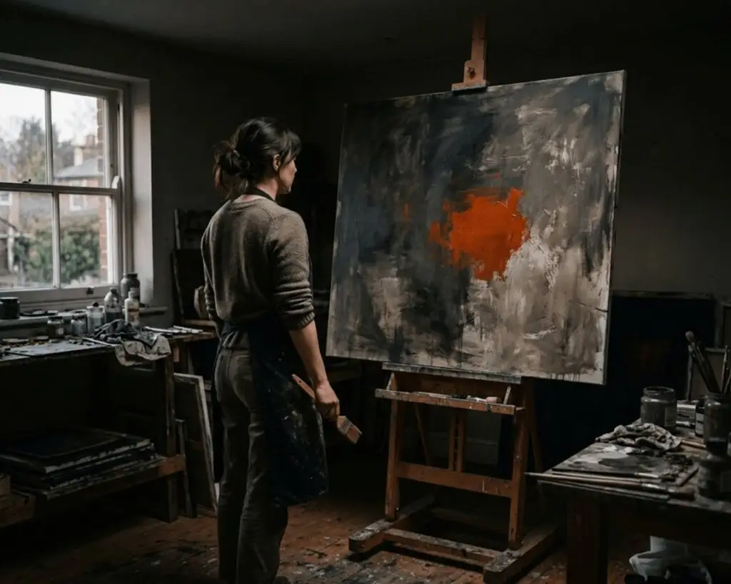 Artist standing in front of her canvas in her New York studio