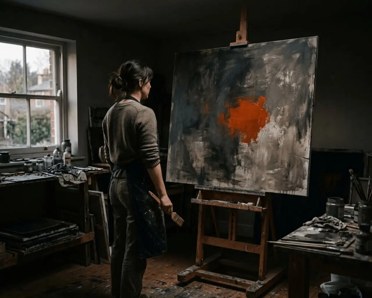 Artist standing in front of her canvas in her New York studio