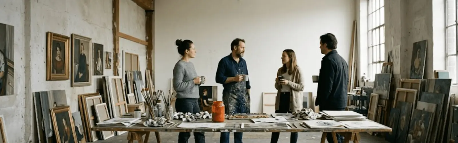 Artists and visitors talking around a work table in a New York artist studio