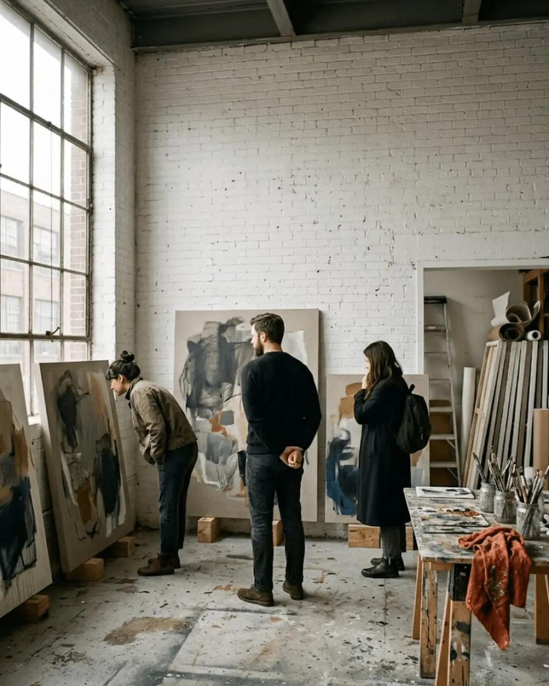 Three visitors looking at paintings during an open studio in a Brooklyn artist studio