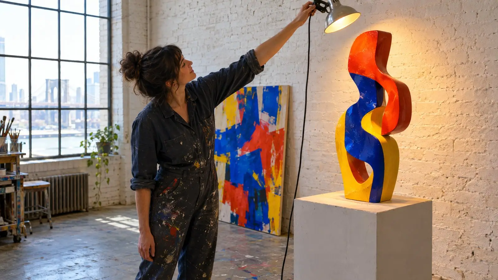 An artist aiming a clip lamp at a brightly painted sculpture in the studio