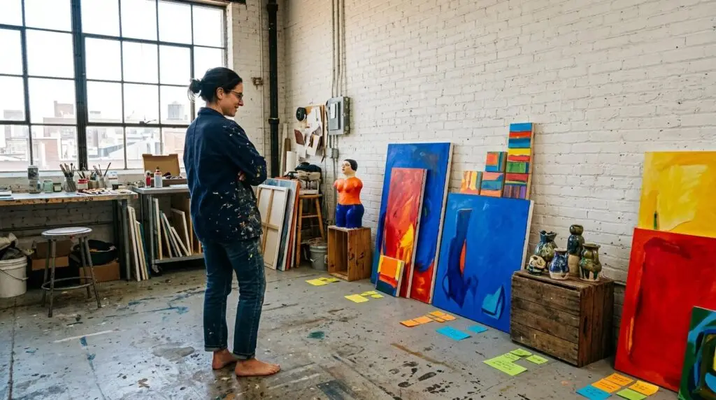 An artist choosing which works to show, with pieces leaning along the studio wall