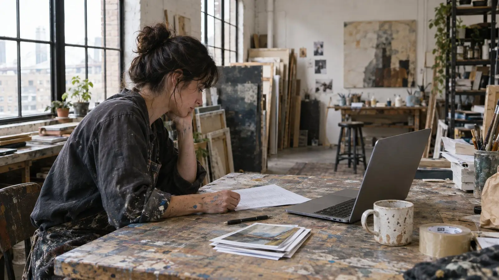 An artist working through their own sales paperwork at a studio table