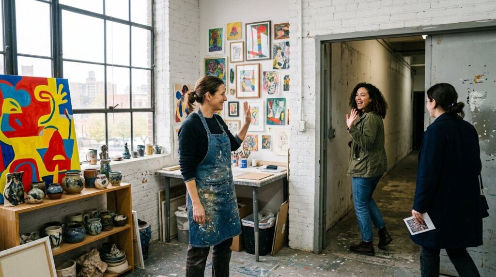 An artist saying a warm goodbye to two visitors at the studio door