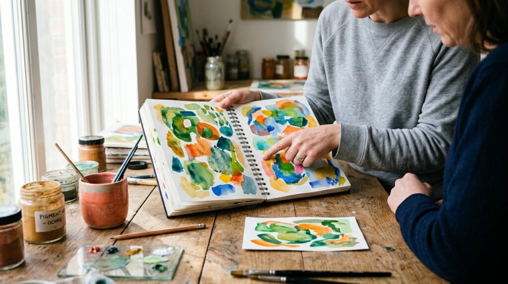An artist showing an open sketchbook to a visitor at the studio worktable