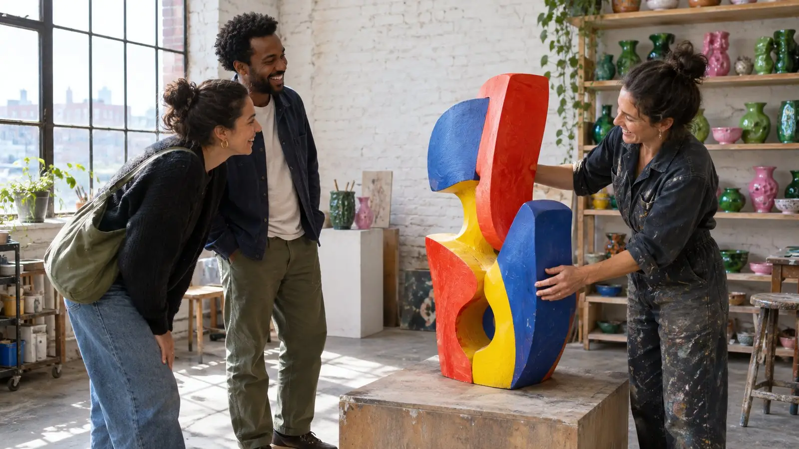 An artist turning a brightly painted sculpture so two visitors can see it from every side
