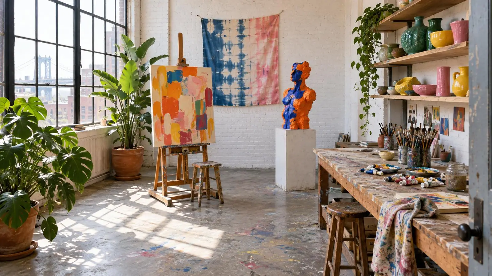 A bright working artist studio with sculpture, ceramics and paintings, tidied but still lived in