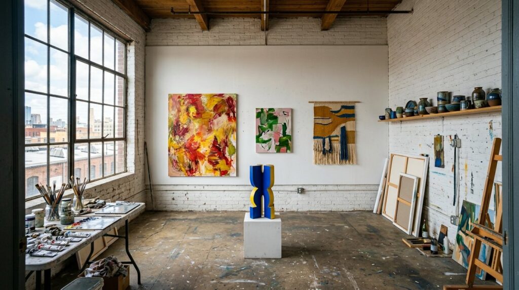 A bright artist studio seen from the doorway, with finished work on the walls