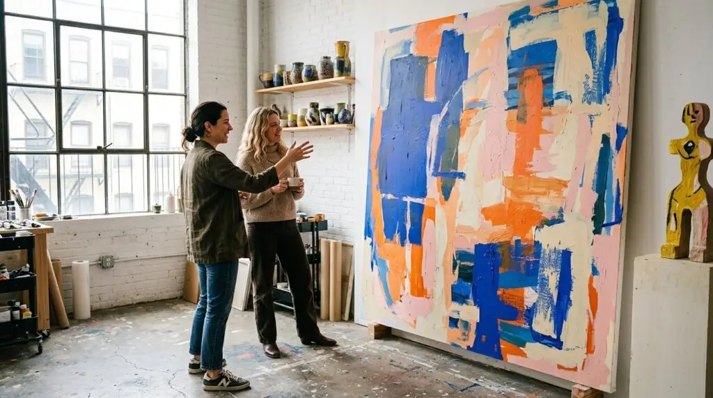 An artist and a visitor talking in front of a large colorful painting in the studio