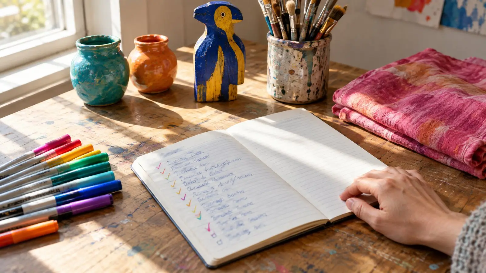 A handwritten thirty day plan in a notebook on a colorful artist studio table