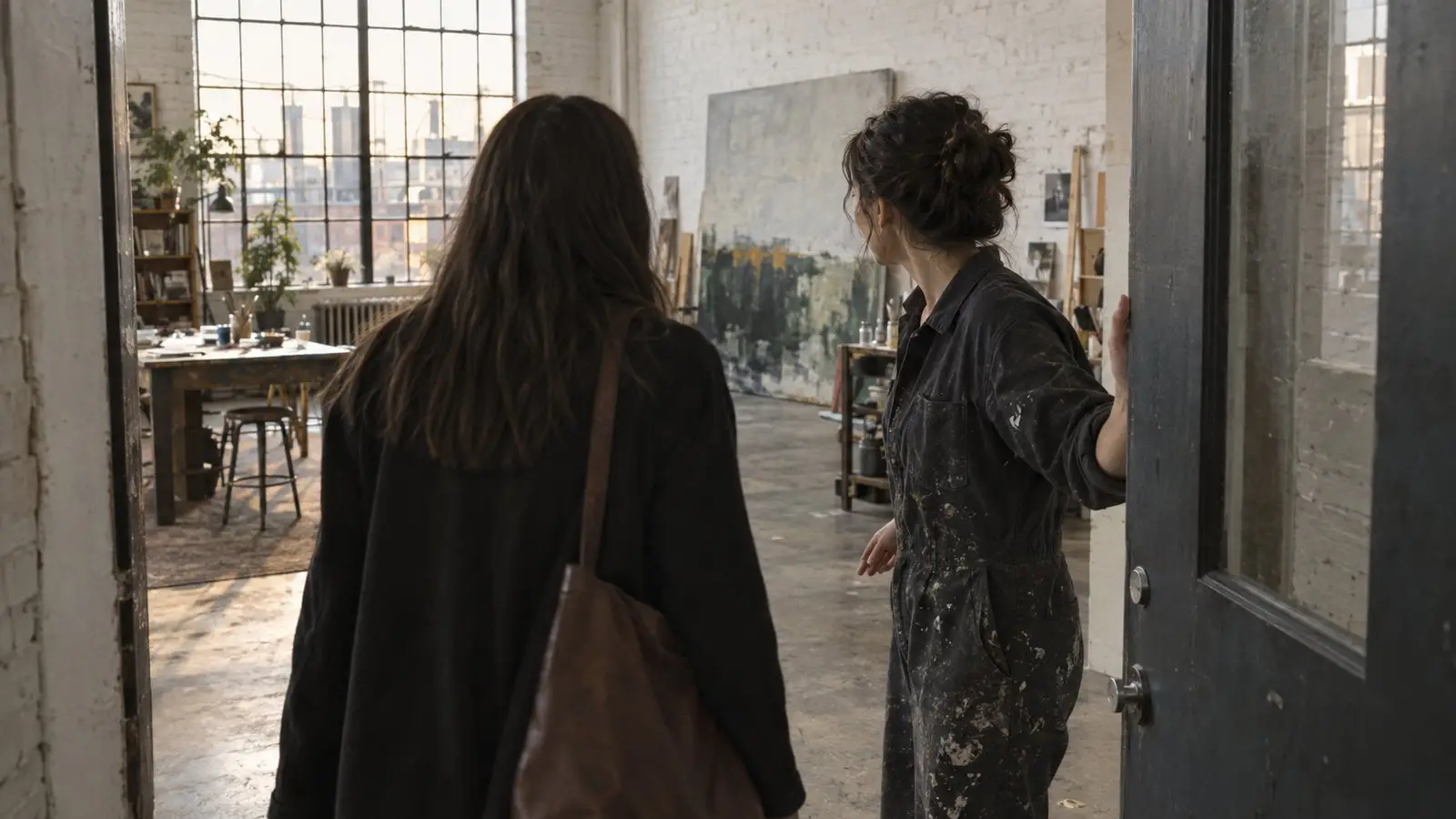 An artist welcoming a visitor at the door of their own studio