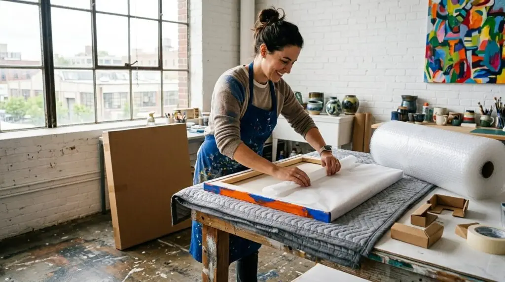 An artist wrapping a sold painting in tissue on a studio table