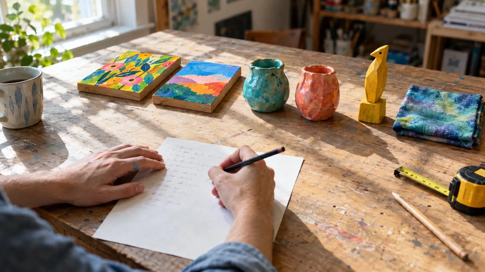 An artist writing a price list beside colorful small works laid out on a studio table