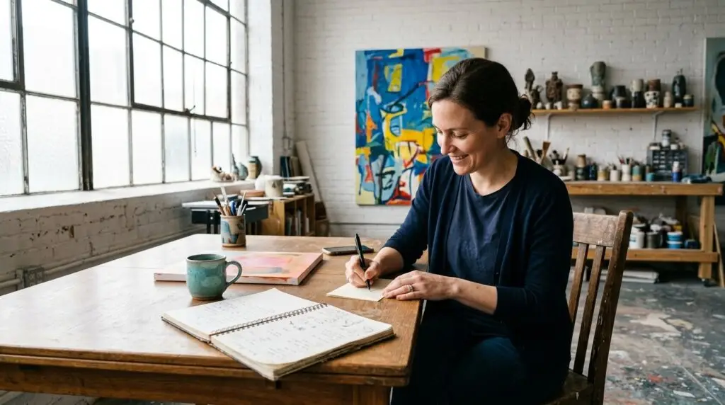 An artist writing a short handwritten note at a colorful studio worktable