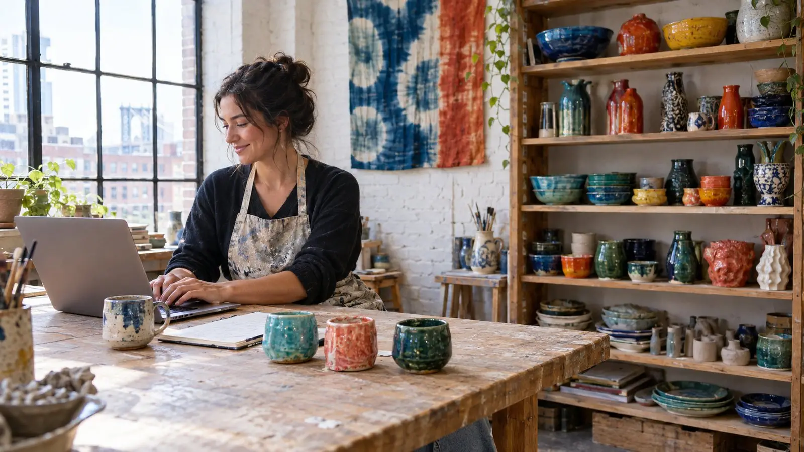 An artist writing their studio profile on a laptop in a bright, colorful studio
