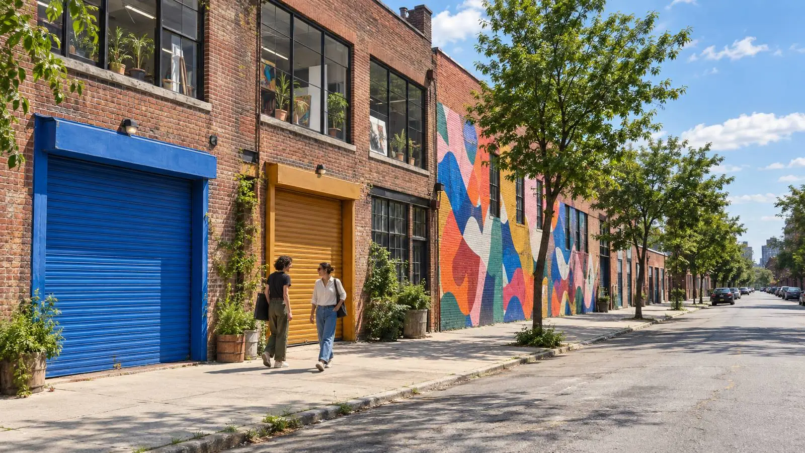 A sunny Brooklyn street of converted industrial buildings where artists have their studios