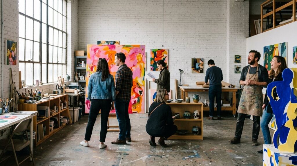 A busy open studio on a weekend afternoon with visitors looking at colorful work