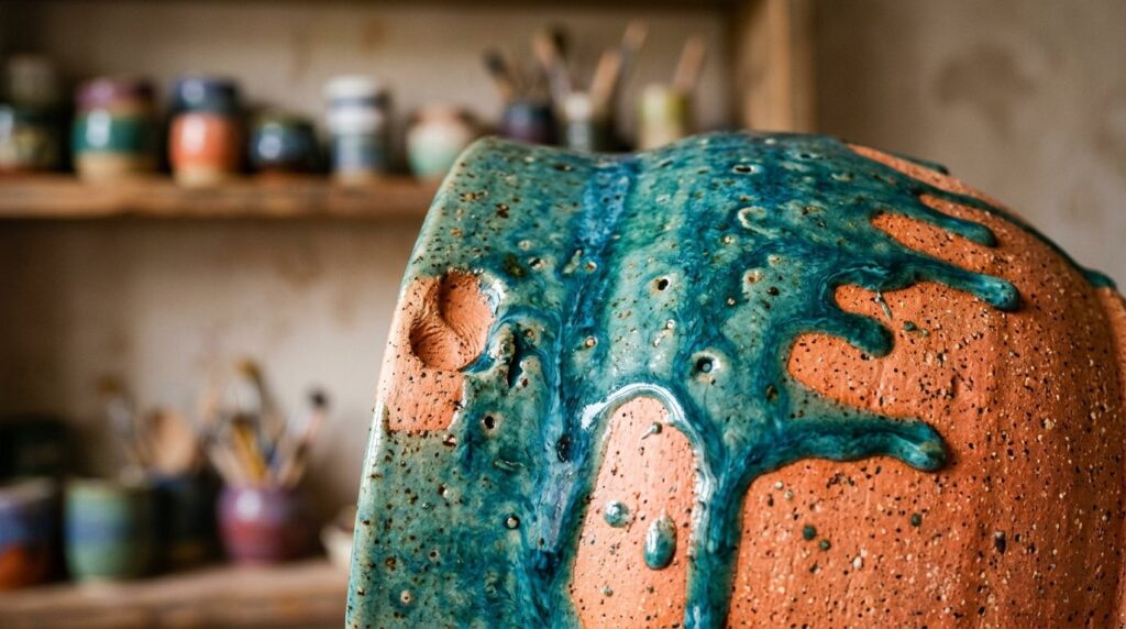 A close detail of a glazed ceramic surface showing drips, texture and color