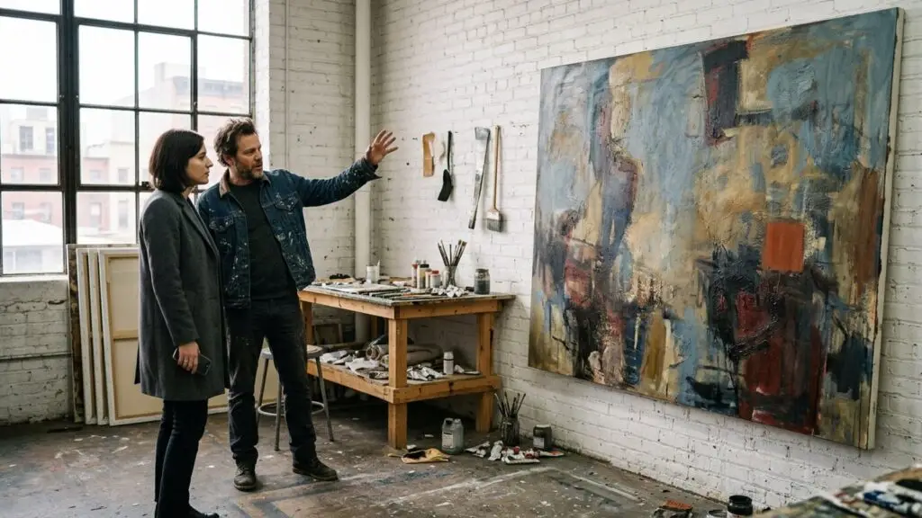 A collector and an artist in conversation beside a finished canvas in a Brooklyn studio