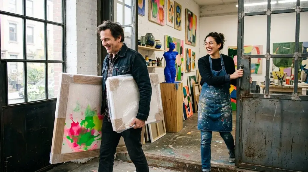 A collector carrying a wrapped painting out of the studio while the artist holds the door