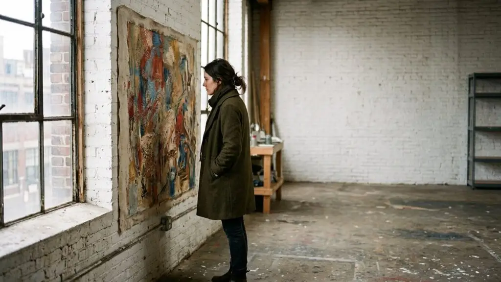 A collector standing close to a painting, studying the surface