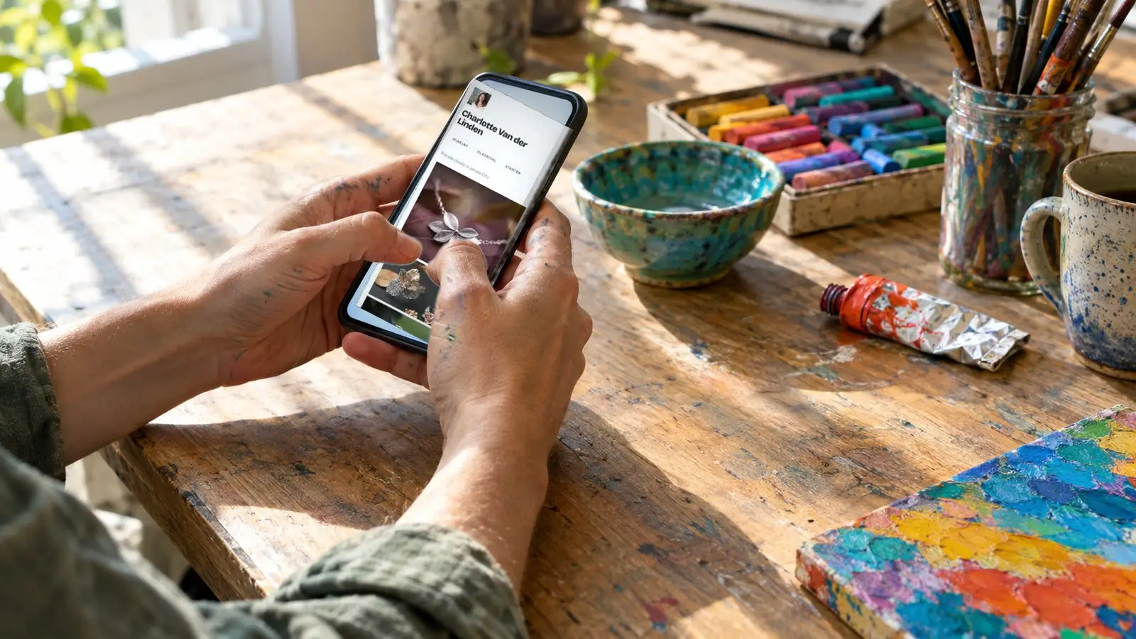 Hands holding a phone showing a HEYATELIER artist page at a studio worktable