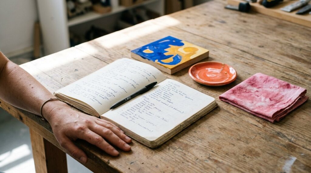 A notebook with visitor notes lying among small colorful artworks on a table