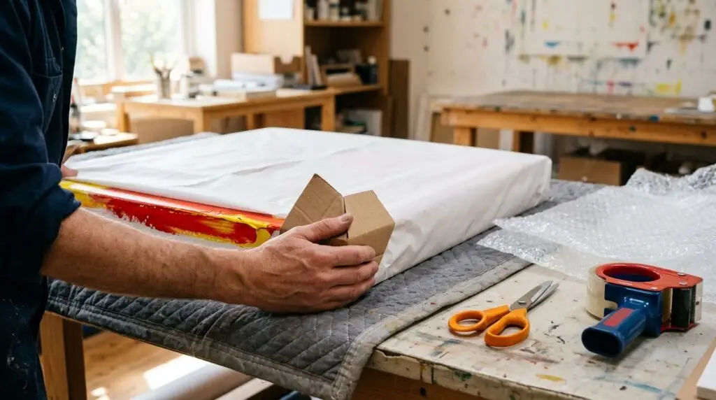 A close view of a wrapped painting with a cardboard corner protector