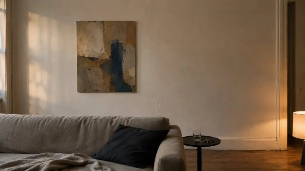 One painting hanging alone on the wall of a small New York apartment in evening light