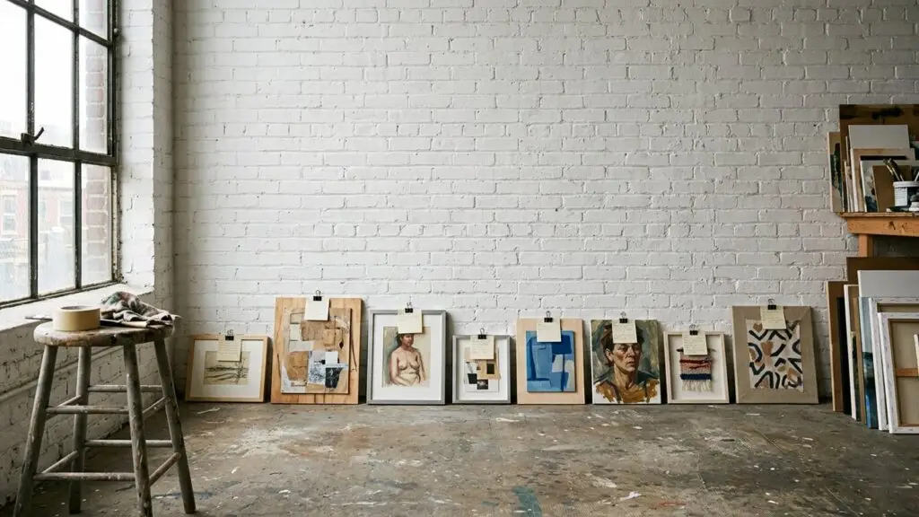 Small artworks leaning against a studio wall with handwritten price tags