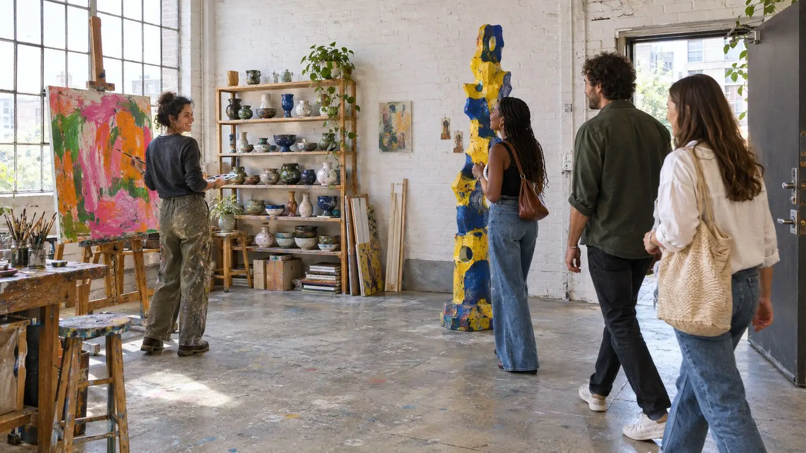 Visitors stepping into a colorful studio while the artist keeps working at the easel