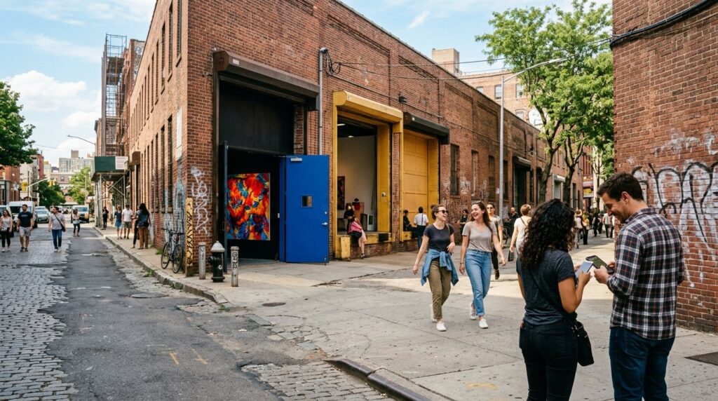 Visitors walking down a sunny Brooklyn street between open artist studios