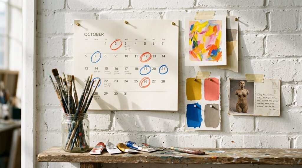 A paper wall calendar with a few dates circled in bright marker, pinned up in a studio